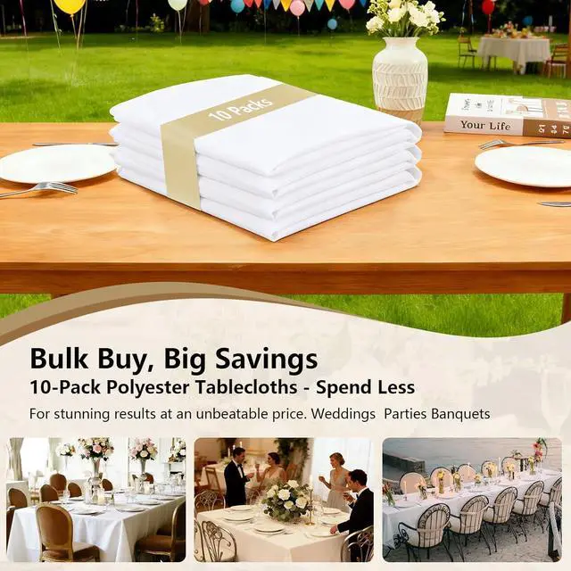 Alt view image 5 of 6 - White Table Cloth Rectangle 10-Pack, 60x126 Inch Table Cloths for 8 Foot Rectangle Tables, Heavy-Duty Polyester Fabric - Stain Resistant Reusable & Washable