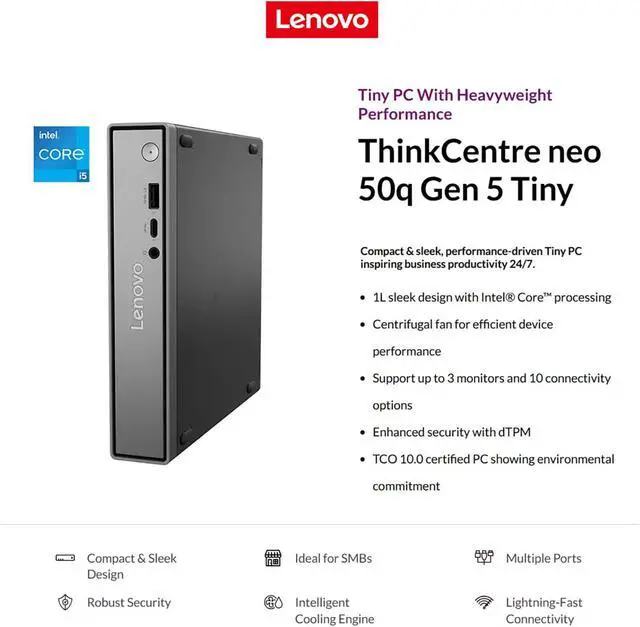Alt view image 2 of 7 - ThinkCentre neo 50q Gen 5 Mini Desktop PC, Core i5-13420H 8-Core, 16GB DDR5 RAM, 512GB SSD, WiFi 6E, Bluetooth 5.3, Dual Display, USB-C, Windows 11 Pro - Business Office Remote Work