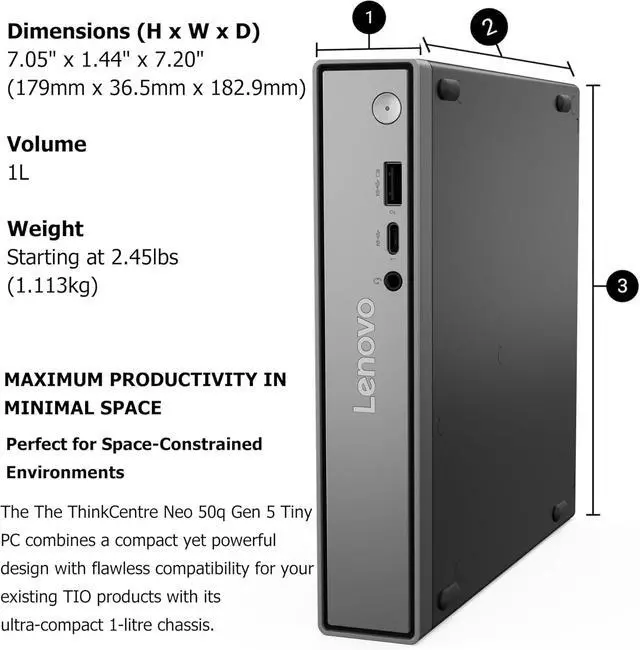 Alt view image 5 of 7 - ThinkCentre neo 50q Gen 5 Mini Desktop PC, Core i5-13420H 8-Core, 16GB DDR5 RAM, 512GB SSD, WiFi 6E, Bluetooth 5.3, Dual Display, USB-C, Windows 11 Pro - Business Office Remote Work