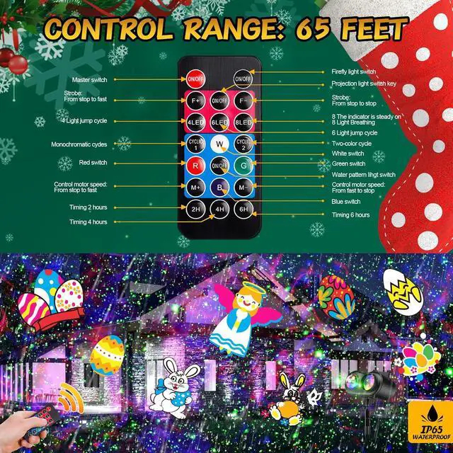 Alt view image 6 of 7 - Christmas Projector Lights Outdoor with Ocean Wave & Firefly Light, 20 Slides/160 Patterns Holiday Projection Lights Indoor with Remote & Timer, Waterproof Light Projector Christmas Decorations