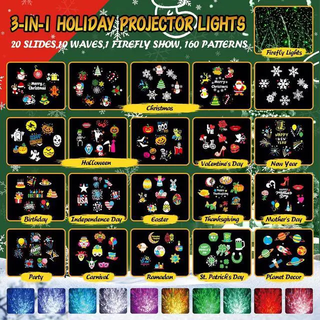 Alt view image 2 of 7 - Christmas Projector Lights Outdoor with Ocean Wave & Firefly Light, 20 Slides/160 Patterns Holiday Projection Lights Indoor with Remote & Timer, Waterproof Light Projector Christmas Decorations