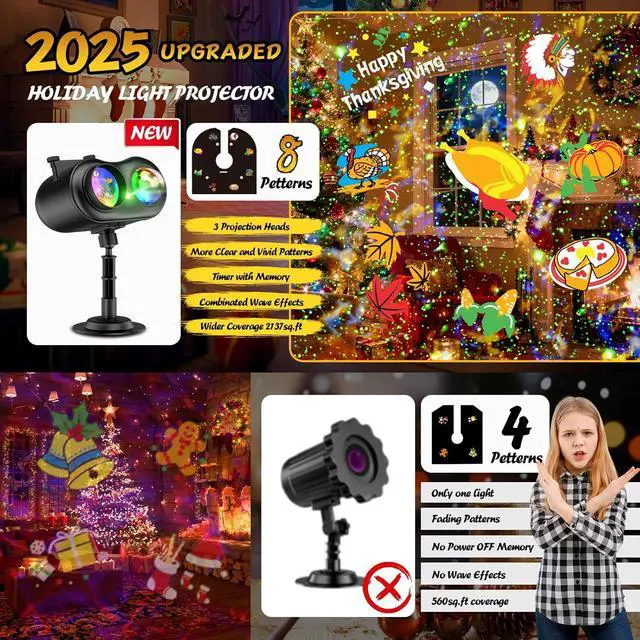 Alt view image 7 of 7 - Christmas Projector Lights Outdoor with Ocean Wave & Firefly Light, 20 Slides/160 Patterns Holiday Projection Lights Indoor with Remote & Timer, Waterproof Light Projector Christmas Decorations