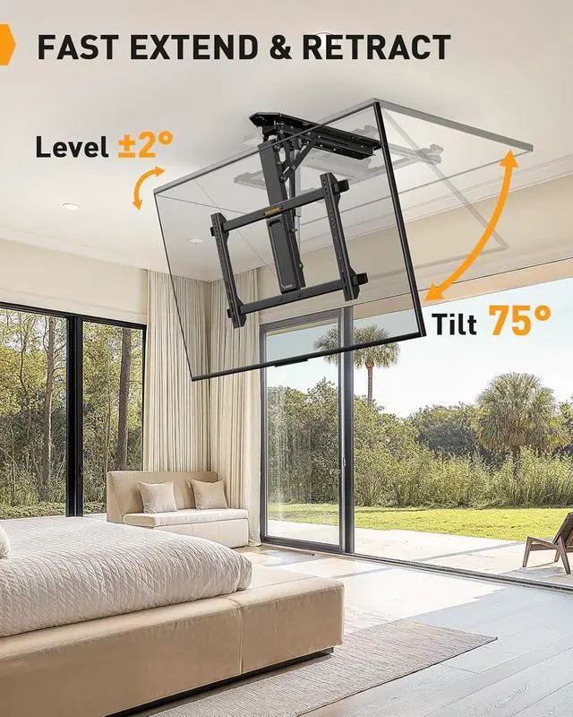 Alt view image 2 of 7 - Electric Ceiling TV Mount with Remote for 32-70 inch Flat and Curved Screen TVs up to 88 lbs, Max VESA 600x400, Motorized TV Ceiling Mount Flip Down for Flat Roof, Drop Down Ceiling Mount