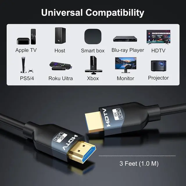 Alt view image 7 of 7 - 8K HDMI 2.1 Cables 3 FT, 20-Pack, High Speed HDMI ARC/eARC Cable 48Gbps, 8K@60Hz, 4K@144Hz, 1080P@240Hz-HDCP 2.2,3D/HDR for Soundbar, PS5/4, Xbox, Roku, Cinema, TV, Computer, Monitor & More