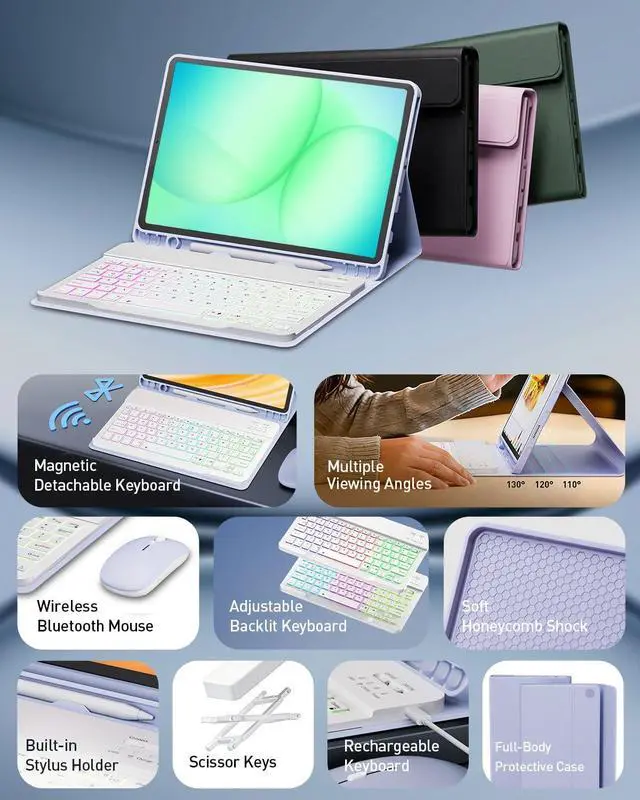 Alt view image 2 of 7 - Keyboard Case for Samsung Galaxy Tab A11 Plus 11 Inch 2025/ A9+ Plus 2023 Tablet, Detachable Rainbow Backlit Wireless Keyboard and Mouse, Slim Stand Cover with S Pen Holder (Purple)