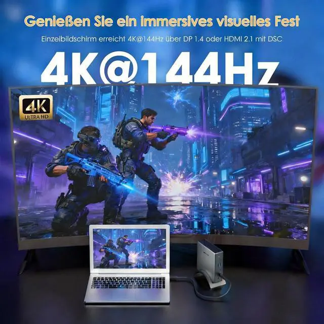 Alt view image 3 of 7 - USB C Docking Station, PD3.1 Docking Station 3 Monitors with 2* DP + HDMI,Single 4K@144Hz,140W Charger, USB-C 10Gbps, 2* USB-A 5Gbps, Gigabit Ethernet, Audio/Mic, for Windows,Dell,HP,
