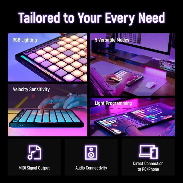 Alt view image 2 of 7 - MIDI Pad Beat Maker Machine with 64 Velocity Sensitive RGB Pads, Portable MIDI Controller 8 * 8 Backlit Beating Machine with Easy Mode for Ableton Live and Logic Pro Performances