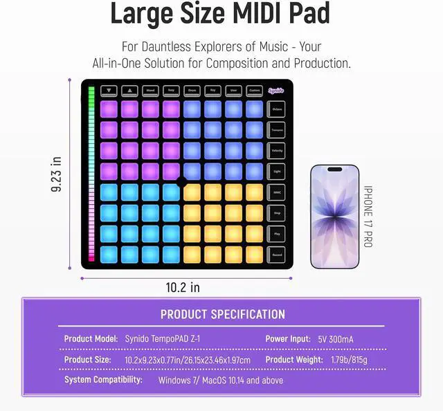 Alt view image 7 of 7 - MIDI Pad Beat Maker Machine with 64 Velocity Sensitive RGB Pads, Portable MIDI Controller 8 * 8 Backlit Beating Machine with Easy Mode for Ableton Live and Logic Pro Performances