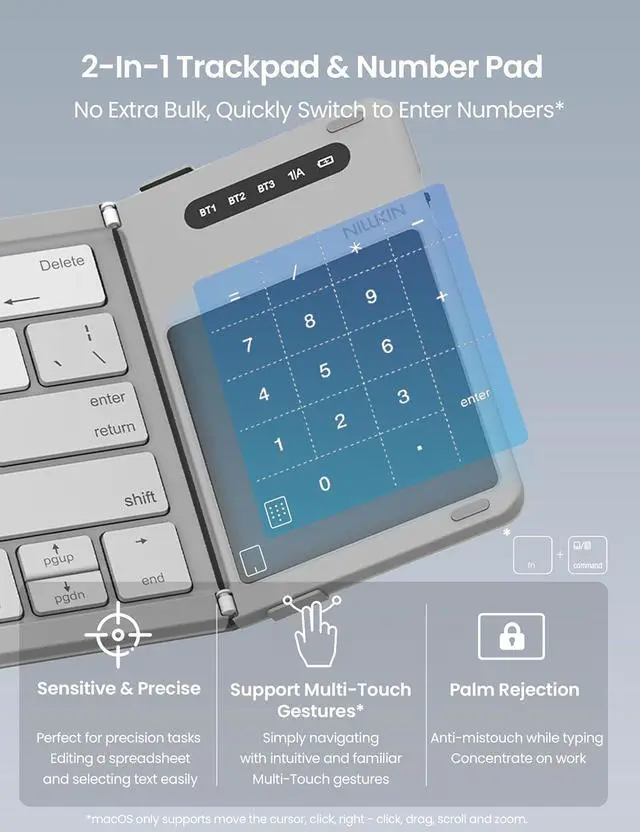Alt view image 3 of 7 - Bluetooth Foldable Keyboard with Touchpad & Number Pad, Pocket-Size Portable Keyboard with Full Size Keys, Wireless Keyboard with Trackpad for 3 Devices iPad Tablet Laptop Phone, Gray