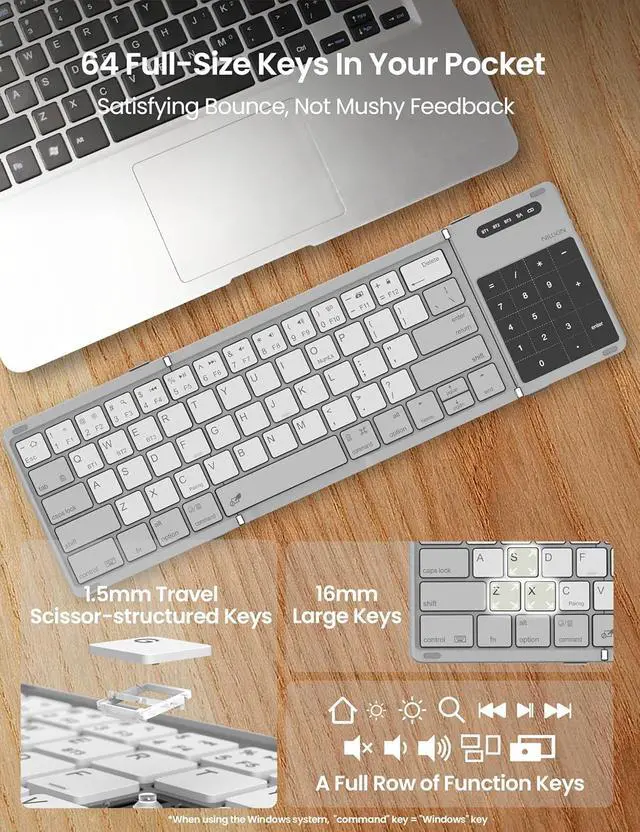 Alt view image 4 of 7 - Bluetooth Foldable Keyboard with Touchpad & Number Pad, Pocket-Size Portable Keyboard with Full Size Keys, Wireless Keyboard with Trackpad for 3 Devices iPad Tablet Laptop Phone, Gray