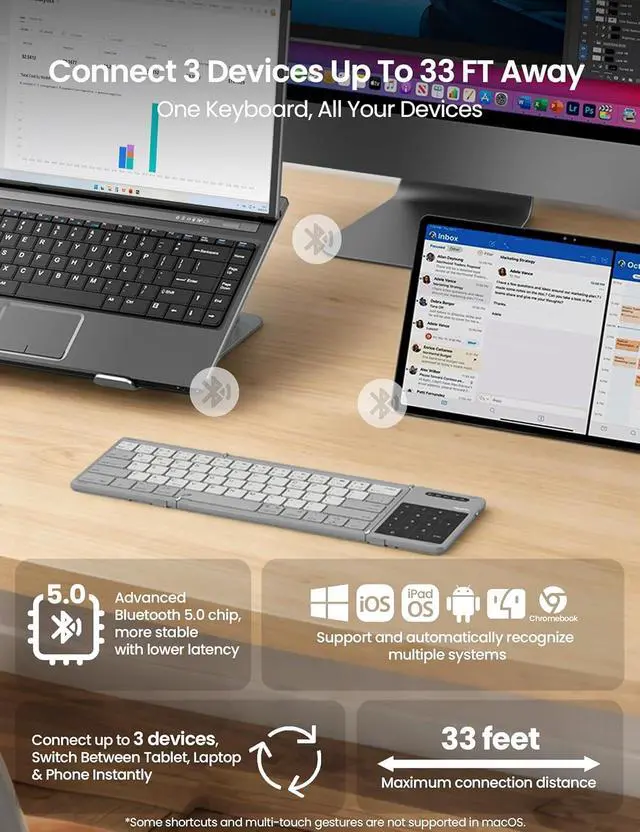 Alt view image 5 of 7 - Bluetooth Foldable Keyboard with Touchpad & Number Pad, Pocket-Size Portable Keyboard with Full Size Keys, Wireless Keyboard with Trackpad for 3 Devices iPad Tablet Laptop Phone, Gray