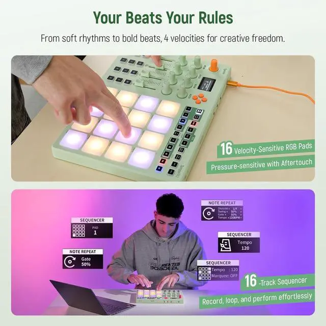 Alt view image 4 of 7 - Midi Pad Controller, Portable Beat Maker Machine with Drum Pads, Beginners Beating Pad Velocity Sensitive, LED Display for Music Production (Wireless MIDI)