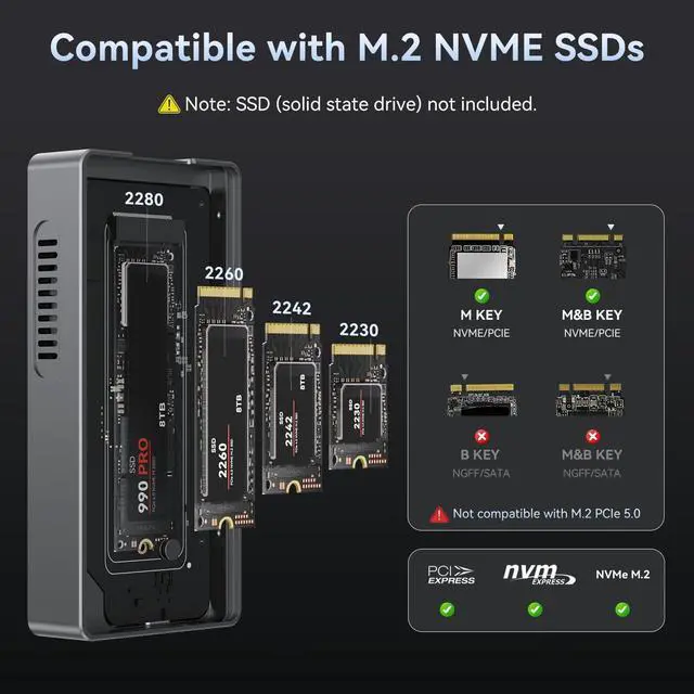 Alt view image 5 of 7 - 80Gbps M.2 NVMe SSD Enclosure with JHL9480 Chip, Gen4 PCIe, Up to 7,000 MB/s, Compatible with Thunderbolt 5/4/3, USB4 V2.0/V1.0,USB 3.2/3.1/3.0, Support 8TB SSD 2280/2260/2242/2230 M/B+M Key