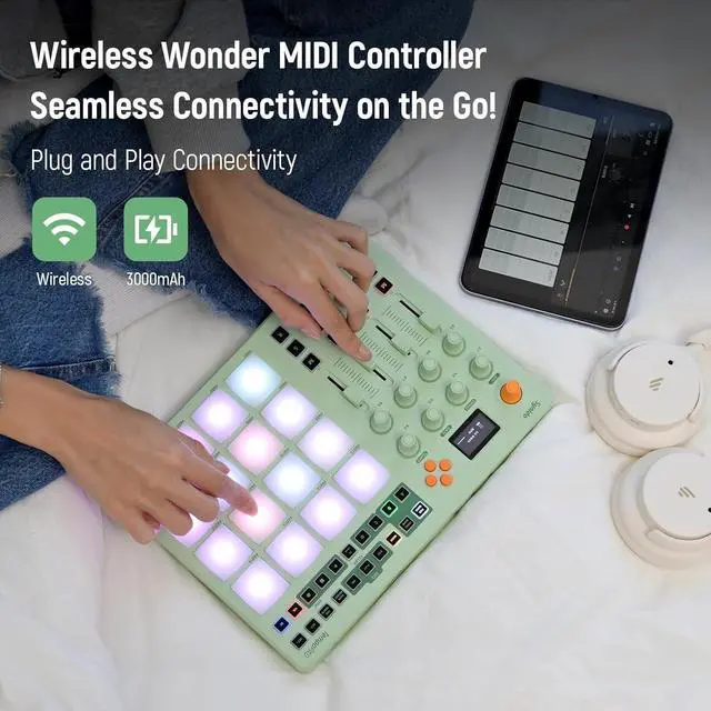 Alt view image 2 of 7 - Midi Pad Controller, Portable Beat Maker Machine with Drum Pads, Beginners Beating Pad Velocity Sensitive, LED Display for Music Production (Wireless MIDI)