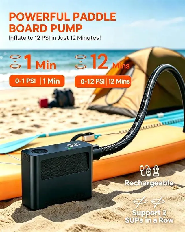 Alt view image 2 of 7 - Paddle Board Electric Pump 150PSI, 4X Faster Rechargeable SUP Pump, Inflator Deflator, Auto Off Portable Air Compressor for Tires, Bikes, Inflatables,Tents, Air Mattess, Kayak