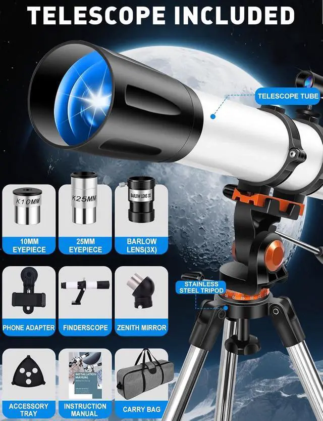 Alt view image 7 of 7 - Telescope for Adults High Powered 90mm Aperture 800mm (32X-240X), Refractor Telescopes for Astronomy Beginners with AZ Mount Tripod, Phone Adapter, Carry Bag (80090white)