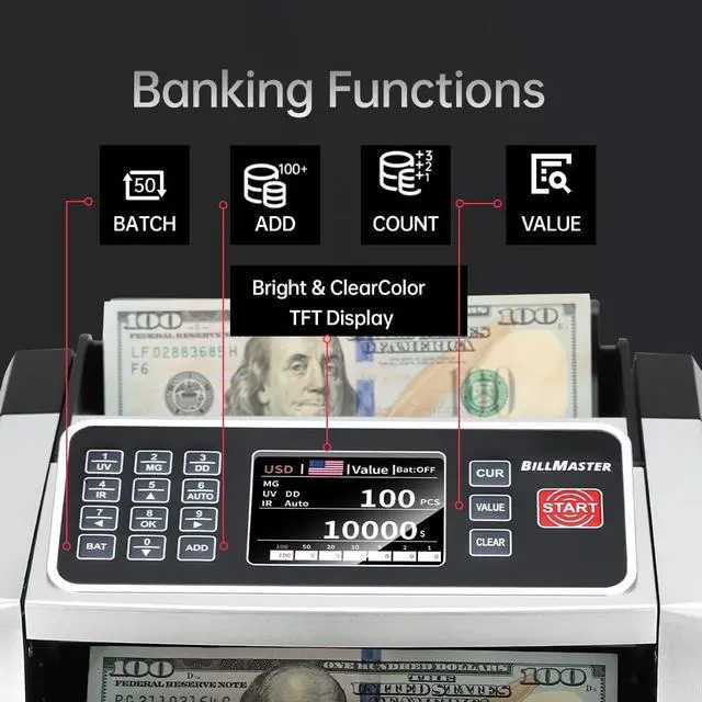 Alt view image 3 of 7 - BM6520 Money Counter Machine Value Counting Cash Counter USD EUR CAD MXN UV MG IR DD Fake Bill Detector with Batch & Add TFT Color Screen 1300/min US Service Team