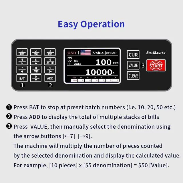 Alt view image 4 of 7 - BM6520 Money Counter Machine Value Counting Cash Counter USD EUR CAD MXN UV MG IR DD Fake Bill Detector with Batch & Add TFT Color Screen 1300/min US Service Team