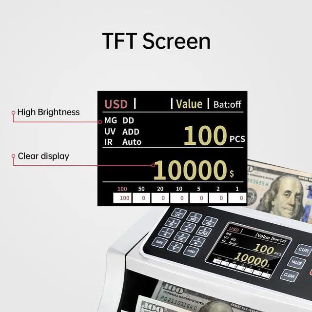 Alt view image 6 of 7 - BM6520 Money Counter Machine Value Counting Cash Counter USD EUR CAD MXN UV MG IR DD Fake Bill Detector with Batch & Add TFT Color Screen 1300/min US Service Team