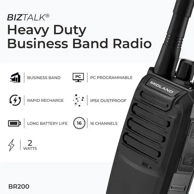 Alt view image 3 of 7 - BizTalk BR200 Business Radio 2W Industrial Grade Two Way Radio Compact Size High Performance Walkie Talkie 250,000 Square Feet of Coverage