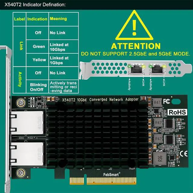 Alt view image 4 of 7 - PCIE X8 Interface to 2X 10Gbps RJ45 Ports Network Adapter, X540-AT2 Ethernet Controller, 2X 10GbE RJ45 Interface PCIE NIC Card, PCI Express 10GbE Converged Network Adapter (X540T2)