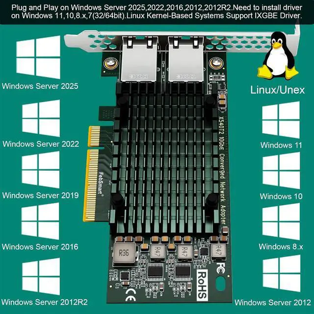 Alt view image 5 of 7 - PCIE X8 Interface to 2X 10Gbps RJ45 Ports Network Adapter, X540-AT2 Ethernet Controller, 2X 10GbE RJ45 Interface PCIE NIC Card, PCI Express 10GbE Converged Network Adapter (X540T2)
