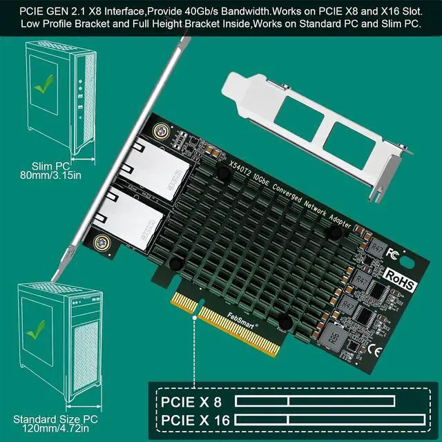 Alt view image 6 of 7 - PCIE X8 Interface to 2X 10Gbps RJ45 Ports Network Adapter, X540-AT2 Ethernet Controller, 2X 10GbE RJ45 Interface PCIE NIC Card, PCI Express 10GbE Converged Network Adapter (X540T2)