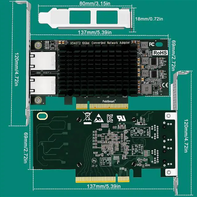 Alt view image 7 of 7 - PCIE X8 Interface to 2X 10Gbps RJ45 Ports Network Adapter, X540-AT2 Ethernet Controller, 2X 10GbE RJ45 Interface PCIE NIC Card, PCI Express 10GbE Converged Network Adapter (X540T2)