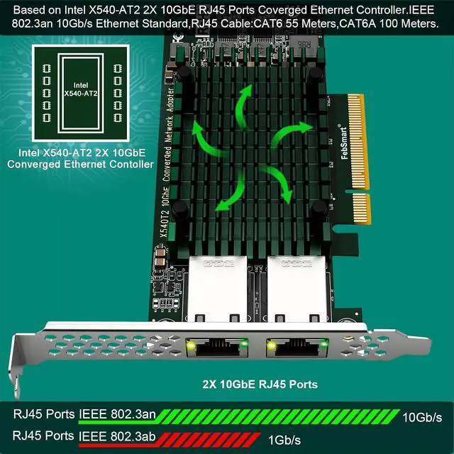 Alt view image 2 of 7 - PCIE X8 Interface to 2X 10Gbps RJ45 Ports Network Adapter, X540-AT2 Ethernet Controller, 2X 10GbE RJ45 Interface PCIE NIC Card, PCI Express 10GbE Converged Network Adapter (X540T2)