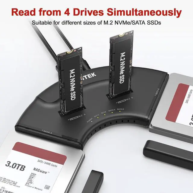 Alt view image 2 of 7 - 4-in-1 Dual M.2 & Dual SATA Hard Drive Enclosure, 4-Bay USB-C Docking Station for 2X NVMe PCIe & 2X 2.5/3.5" SATA SSDs HDDs, 10Gbps USB 3.2 Gen2 Tool-Free UASP Trim for PC Mac Linux Android