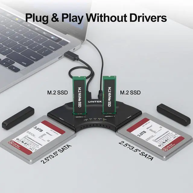 Alt view image 5 of 7 - 4-in-1 Dual M.2 & Dual SATA Hard Drive Enclosure, 4-Bay USB-C Docking Station for 2X NVMe PCIe & 2X 2.5/3.5" SATA SSDs HDDs, 10Gbps USB 3.2 Gen2 Tool-Free UASP Trim for PC Mac Linux Android