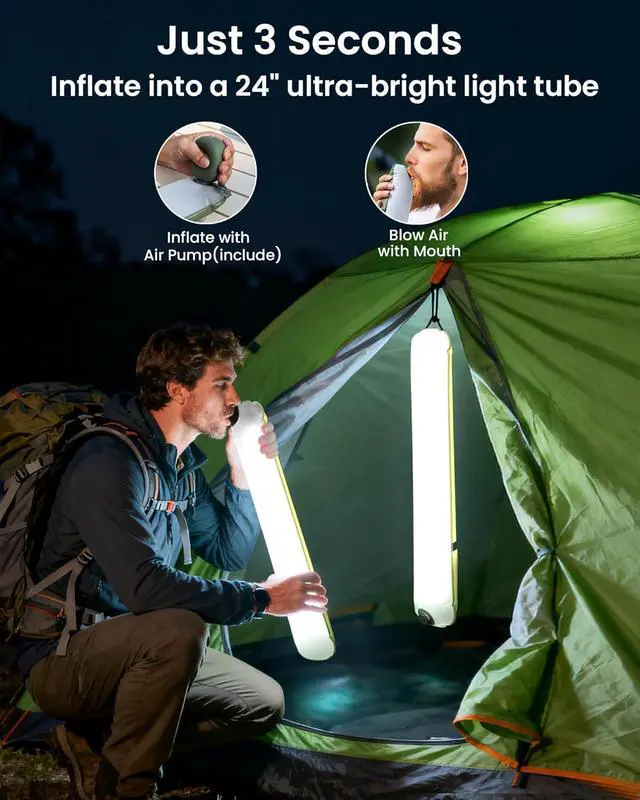 Alt view image 2 of 7 - 2 Pack 24" Inflatable Solar Camping Lantern, Magnetic LED Tube Light with USB-C 2000mAh Phone Charger,IP66 Waterproof TPU Tent Light for Hurricane Emergency, Backpacking & Off-Grid Survival