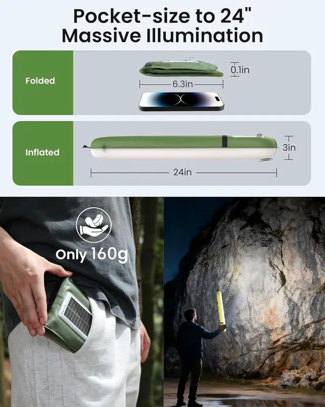 Alt view image 3 of 7 - 2 Pack 24" Inflatable Solar Camping Lantern, Magnetic LED Tube Light with USB-C 2000mAh Phone Charger,IP66 Waterproof TPU Tent Light for Hurricane Emergency, Backpacking & Off-Grid Survival