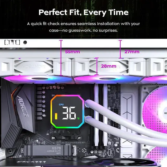 Alt view image 6 of 7 - MONTECH HyperFlow Digital 360 CPU Liquid Cooler, 360mm AIO with 3100RPM Pump, 3×120mm E28 ARGB Fans, Real-Time Digital Display, & Support (White)