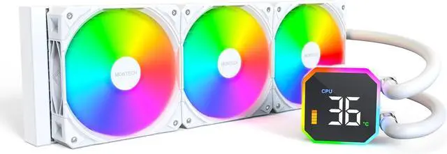 Main image of MONTECH HyperFlow Digital 360 CPU Liquid Cooler, 360mm AIO with 3100RPM Pump, 3×120mm E28 ARGB Fans, Real-Time Digital Display, & Support (White)