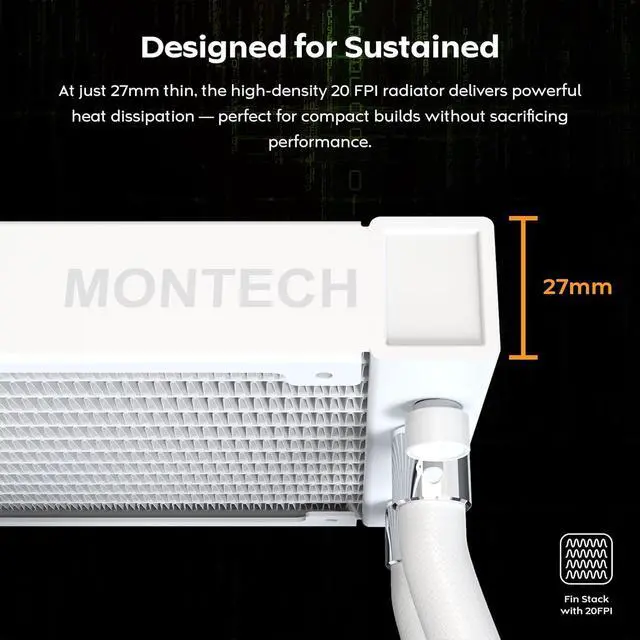 Alt view image 5 of 7 - MONTECH HyperFlow Digital 360 CPU Liquid Cooler, 360mm AIO with 3100RPM Pump, 3×120mm E28 ARGB Fans, Real-Time Digital Display, & Support (White)
