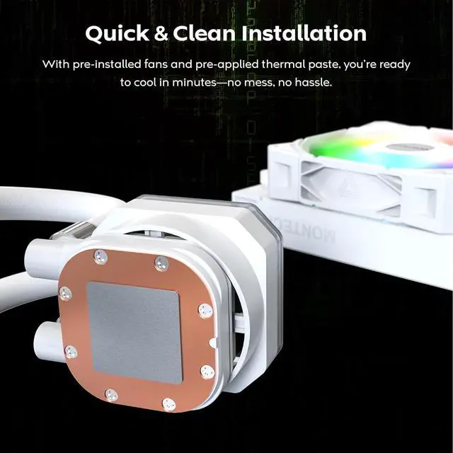 Alt view image 7 of 7 - MONTECH HyperFlow Digital 360 CPU Liquid Cooler, 360mm AIO with 3100RPM Pump, 3×120mm E28 ARGB Fans, Real-Time Digital Display, & Support (White)