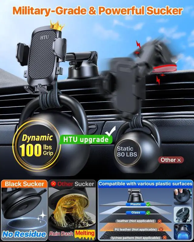 Alt view image 4 of 7 - Car Phone Holder2026 Upgraded 100+LBS Suction & Safety Cert Cell Phone Car Mount for Truck Heavy Duty Phone Holder for Dashboard/Windshield/Vent for iPhone 17 16 Pro Max Dark Black