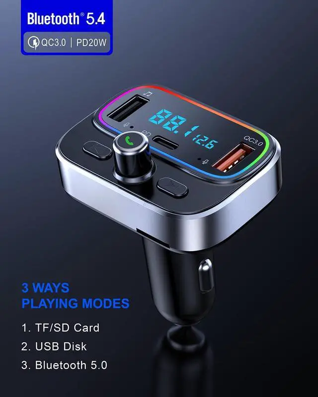 Alt view image 2 of 7 - Bluetooth 5.4 FM Transmitter for Car Wireless Radio Adapter Kit, Hands-Free Calling Dual Microphone, Fast Charging 18W & PD 20W for All Smartphones Audio Players, Supports TF/SD Card and USB Disk