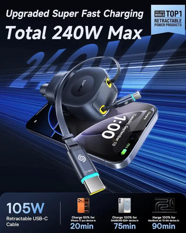 Alt view image 3 of 7 - 240W Retractable Car Charger USB C Fast Charging, VR2 Max 4 in 1 Fast Car Charger with Dual Retractable USB C Cable for iPhone 17 16 15 Pro Max, Samsung Galaxy S25 Ultra, Android, iPad, MacBook