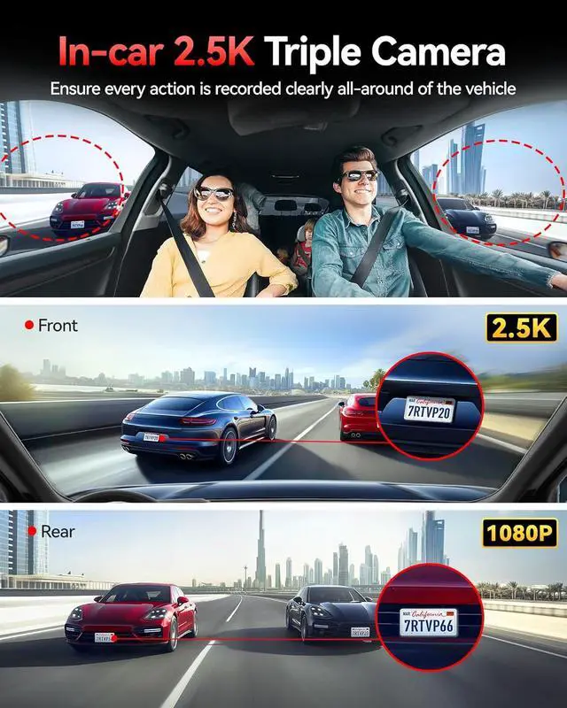 Alt view image 3 of 7 - 530° Dash Cam 3 Channel, 2.5K+2.5K+1080P Triple Car Camera with IR Night Vision, Touch Screen, Dashcam for Front Inside Rear Included WiFi GPS, 24H Parking Mode(No Card Included)