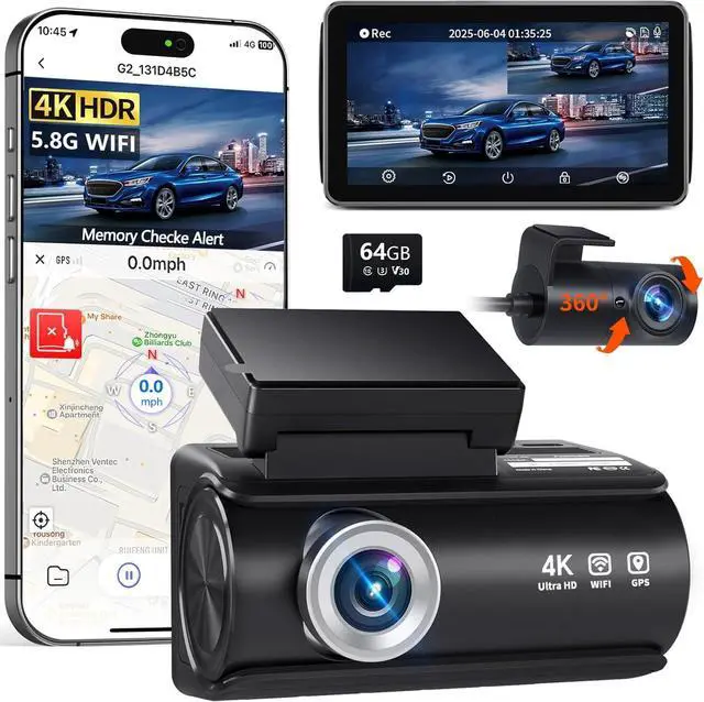 Main image of Dash Cam Front and Rear, 4K Full HD Dual Dash Camera for Cars, Built-in Memory Card Monitoring, 64GB Card, 5G WiFi GPS, Car Camera with 3" IPS Screen, 2160P Night Vision, 24H Parking Monitor
