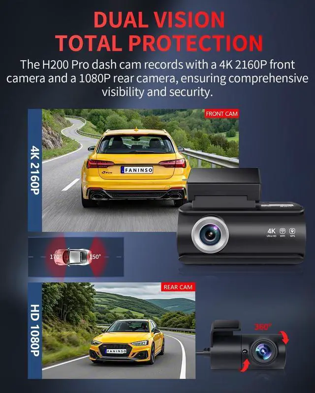 Alt view image 2 of 7 - Dash Cam Front and Rear, 4K Full HD Dual Dash Camera for Cars, Built-in Memory Card Monitoring, 64GB Card, 5G WiFi GPS, Car Camera with 3" IPS Screen, 2160P Night Vision, 24H Parking Monitor