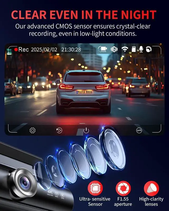 Alt view image 3 of 7 - Dash Cam Front and Rear, 4K Full HD Dual Dash Camera for Cars, Built-in Memory Card Monitoring, 64GB Card, 5G WiFi GPS, Car Camera with 3" IPS Screen, 2160P Night Vision, 24H Parking Monitor