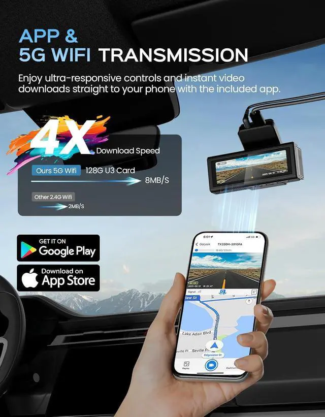 Alt view image 7 of 7 - 4K Dash Cam Front and Rear with ADAS Assist, Free 128GB Card Included, Built-in GPS & 5G WiFi, G-Sensor, Dash Camera with No-Light Night Vision,170°/150° Wide View, 24H Parking Mode
