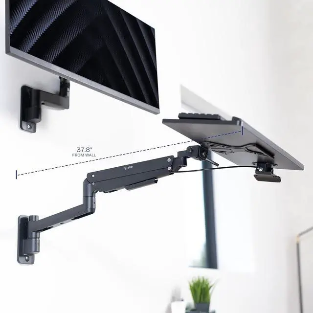 Alt view image 2 of 7 - Sit-Stand 24 Inch Pneumatic Spring Keyboard and Mouse Tray Wall Mount, Counterbalance Height Adjustable Typing Platform, Ergonomic Tilt, Black, MOUNT-KB35C