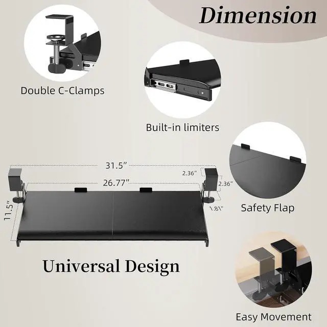 Alt view image 2 of 7 - Keyboard Tray, 25 in. Pine Plastic, Keyboard tray Under Desk with Wrist Rest, Mouse Pad, Cup Mat, Lightweight Slide Out Tray, Easy Assemble Adjustable C clamp