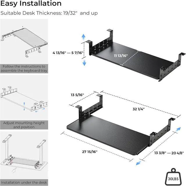 Alt view image 7 of 7 - Adjustable Keyboard Tray Under Desk, 28x11 Inch Large Slide Out Keyboard & Mouse Platform Tray, Wooden Pull Out Computer Keyboard Drawer for Typing Home Office Desk, Black
