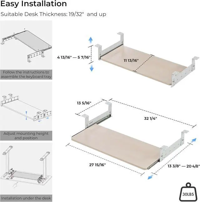 Alt view image 7 of 7 - Adjustable Keyboard Tray Under Desk, 28x11 Inch Large Slide Out Keyboard & Mouse Platform Tray, Wooden Pull Out Computer Keyboard Drawer for Typing Home Office Desk, Maple