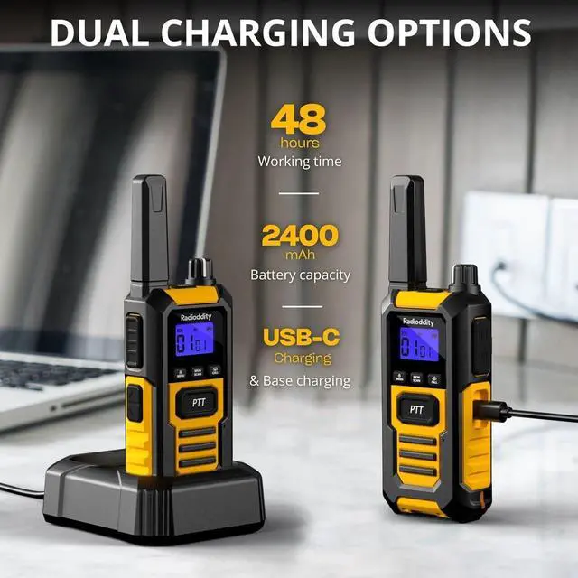Alt view image 5 of 7 - HD-1 IP67 Waterproof Floating Walkie Talkies, Heavy Duty Long Range Two Way Radio w/ 2400mAh Battery One-Key Group Call, Vibrate Alert, SOS, Dual PTT, for Construction Hunting, 4 Packs